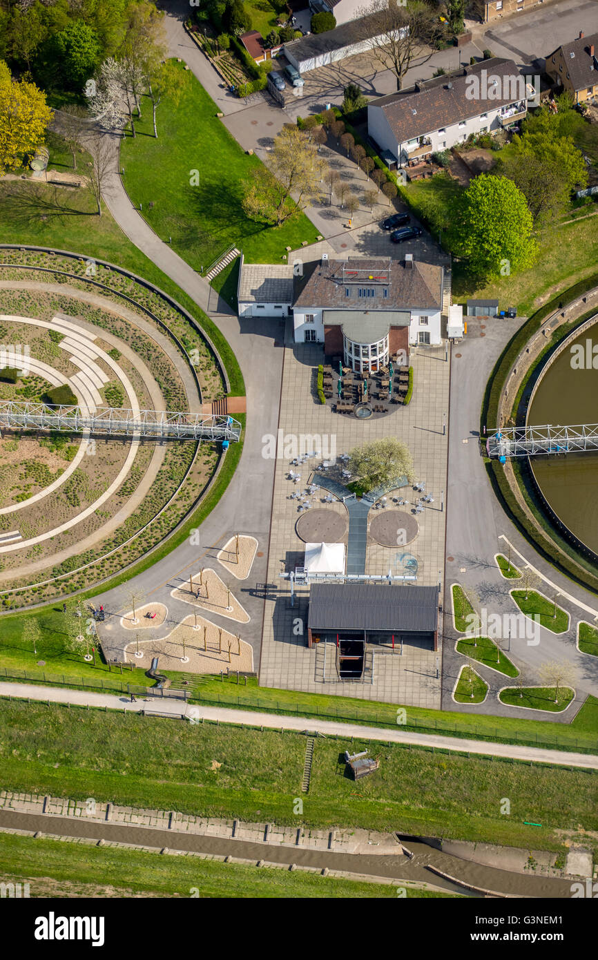 Vista aerea, Berna park Ebelstrasse, Emscher Arte 2010, di trattamento delle acque reflue, chiarificatori, monumento industriale, Bottrop, regione della Ruhr, Foto Stock