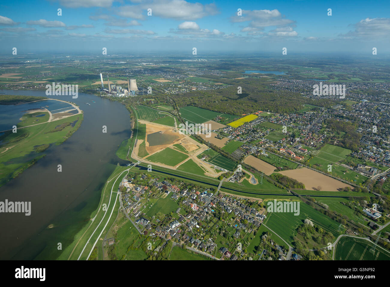 Vista aerea, Emschermündung, affluente del Reno nella zona della Ruhr, bocca di Emscher, Rhein, bocca ricostruzione, Emscher Foto Stock