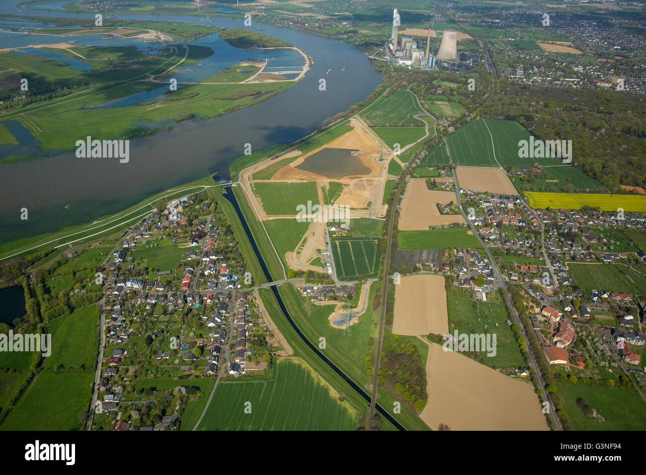 Vista aerea, Emschermündung, affluente del Reno nella zona della Ruhr, bocca di Emscher, Rhein, bocca ricostruzione, Emscher Foto Stock
