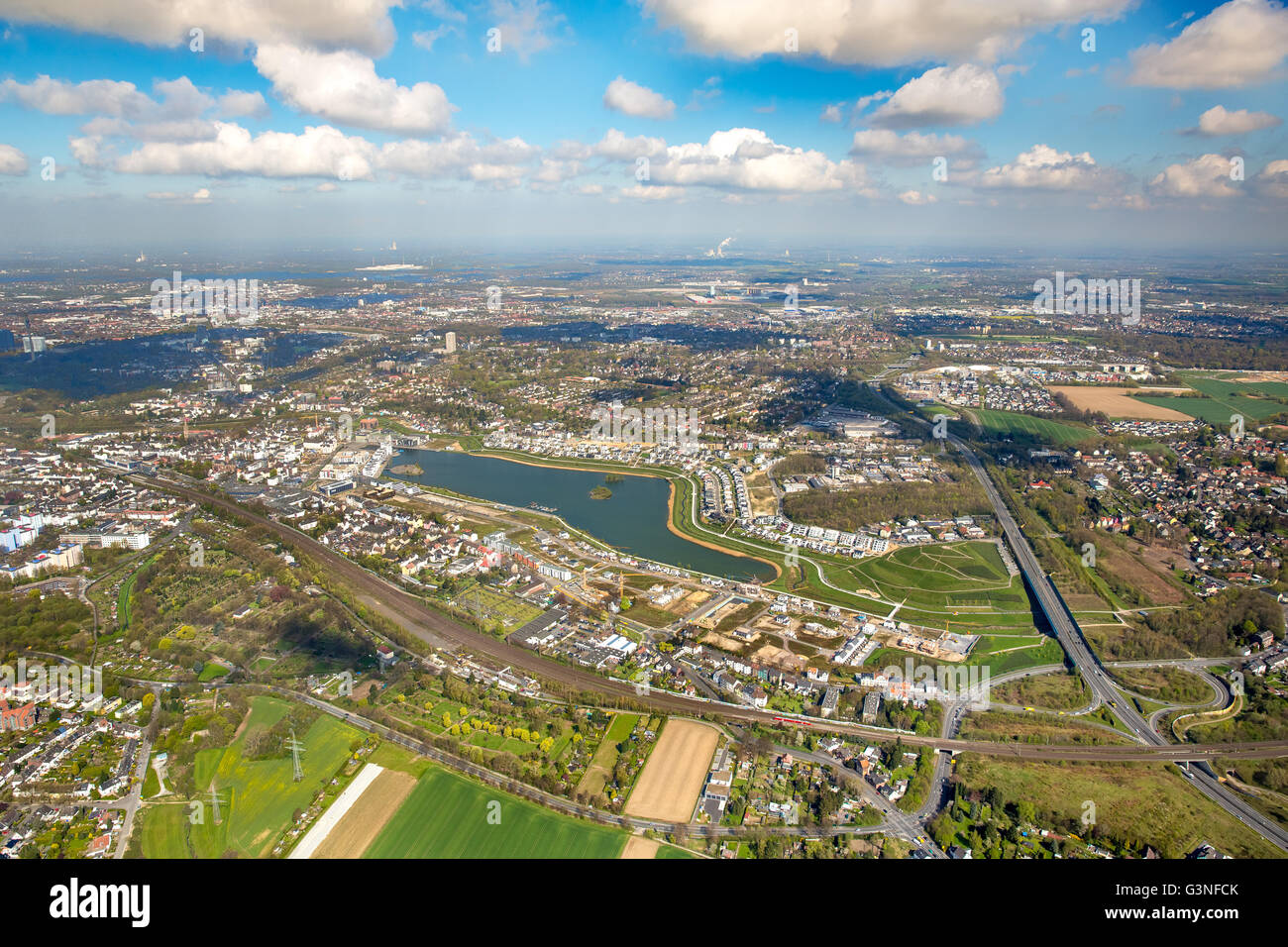 Vista aerea, Phoenix Lago è un lago artificiale sulla ex acciaierie site Phoenix East del quartiere di Dortmund - Hoerde, Foto Stock