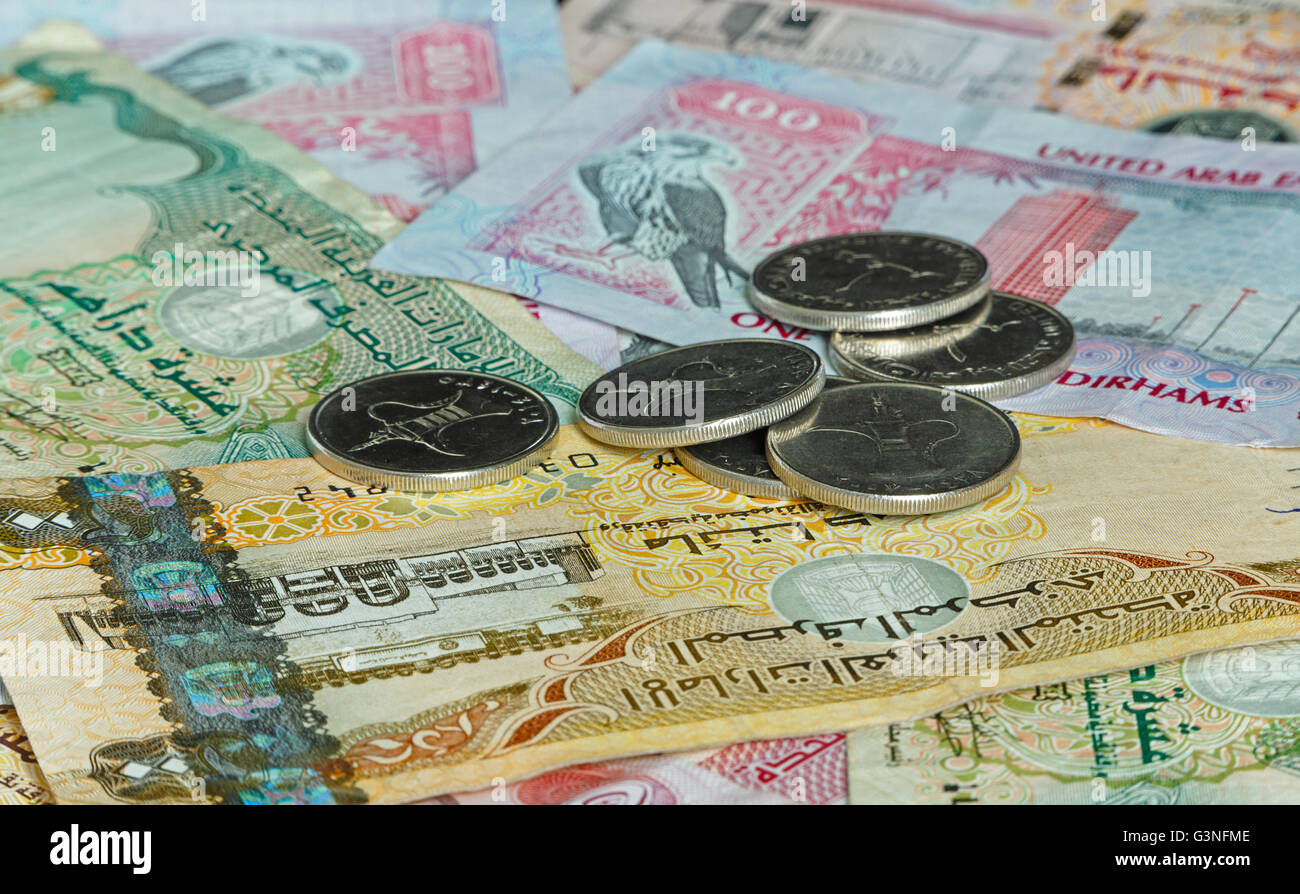 Emirati Arabi Uniti denaro: monete sulle banconote Foto Stock