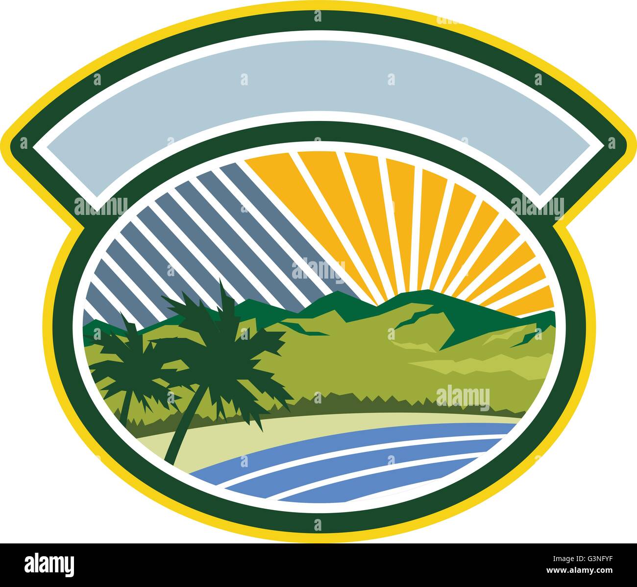 Illustrazione di alberi tropicali, montagne e mare costa insieme all'interno di forma ovale con sunburst in background fatto in stile retrò. Illustrazione Vettoriale