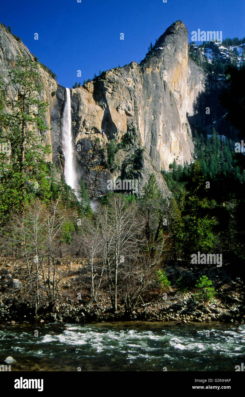Il parco nazionale di Yosemite Falls, una delle cascate più lunga del mondo a 2.425 piedi, invia torrenti di acqua nel fiume Merced come cont Foto Stock