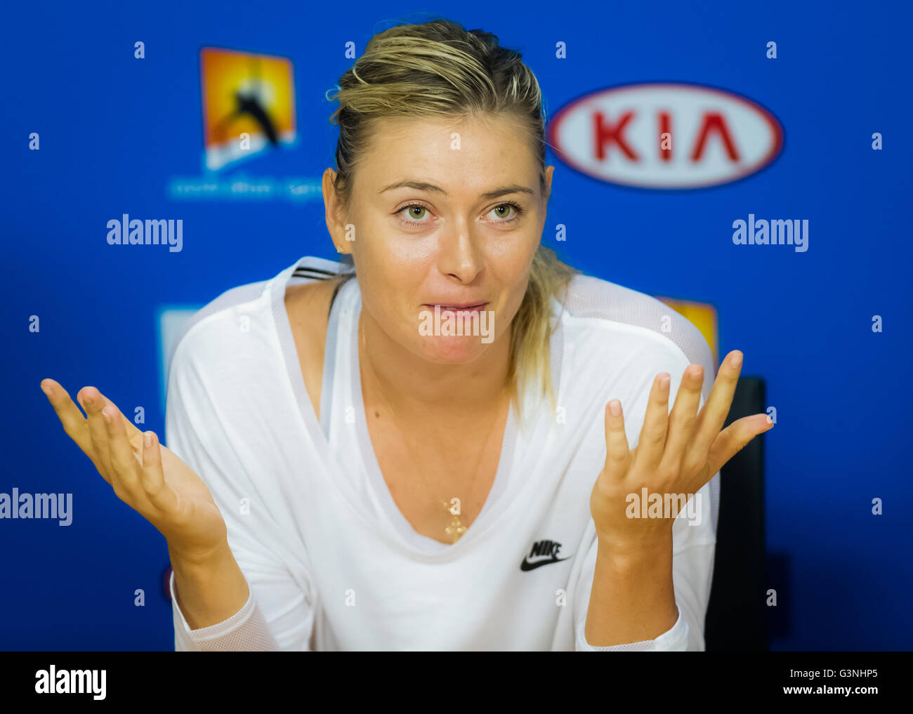 Maria Sharapova colloqui alla media al 2016 Australian Open Foto Stock