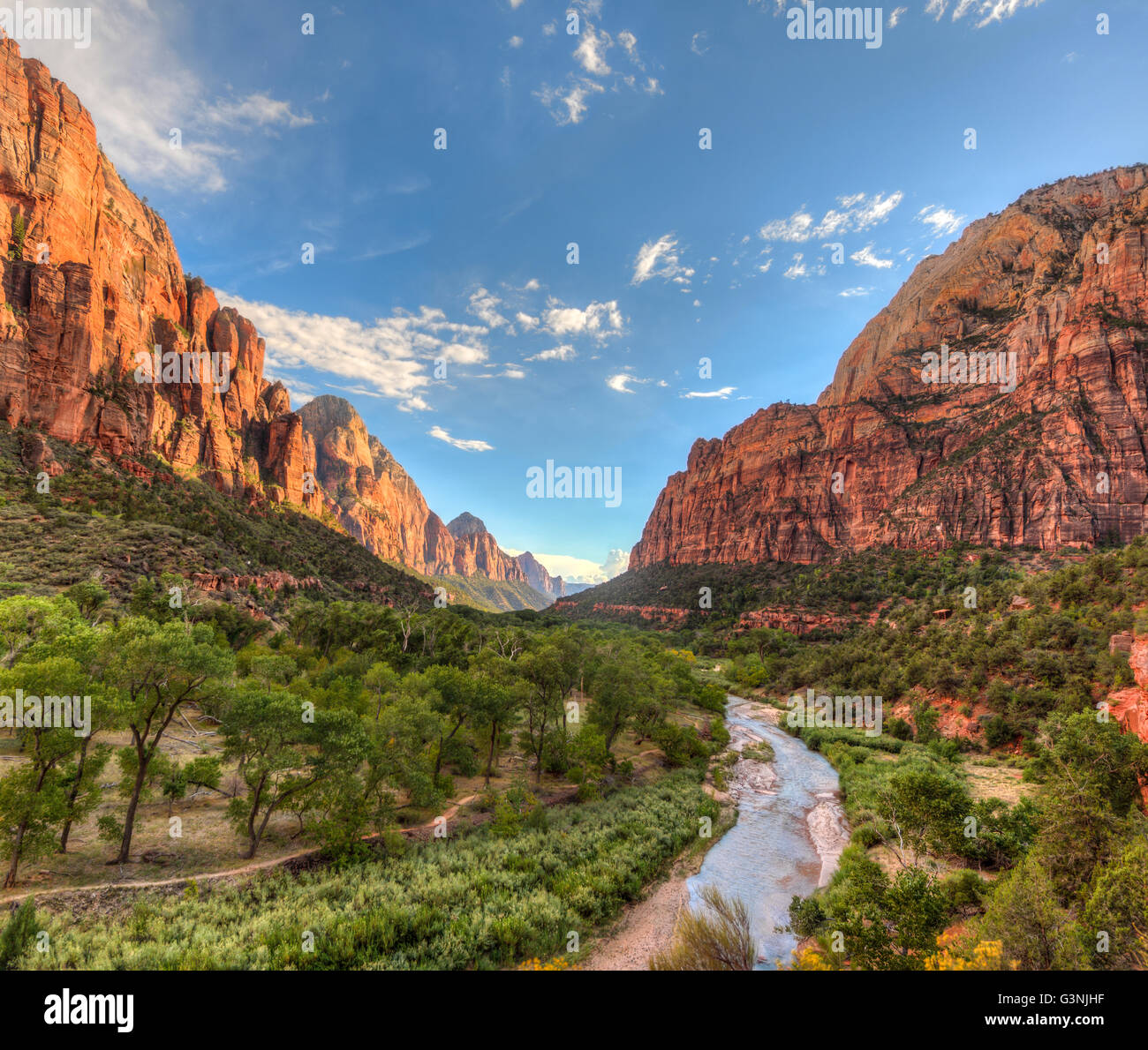 Fiume vergine che scorre attraverso la valle, Parco Nazionale Zion, Utah, Stati Uniti d'America Foto Stock