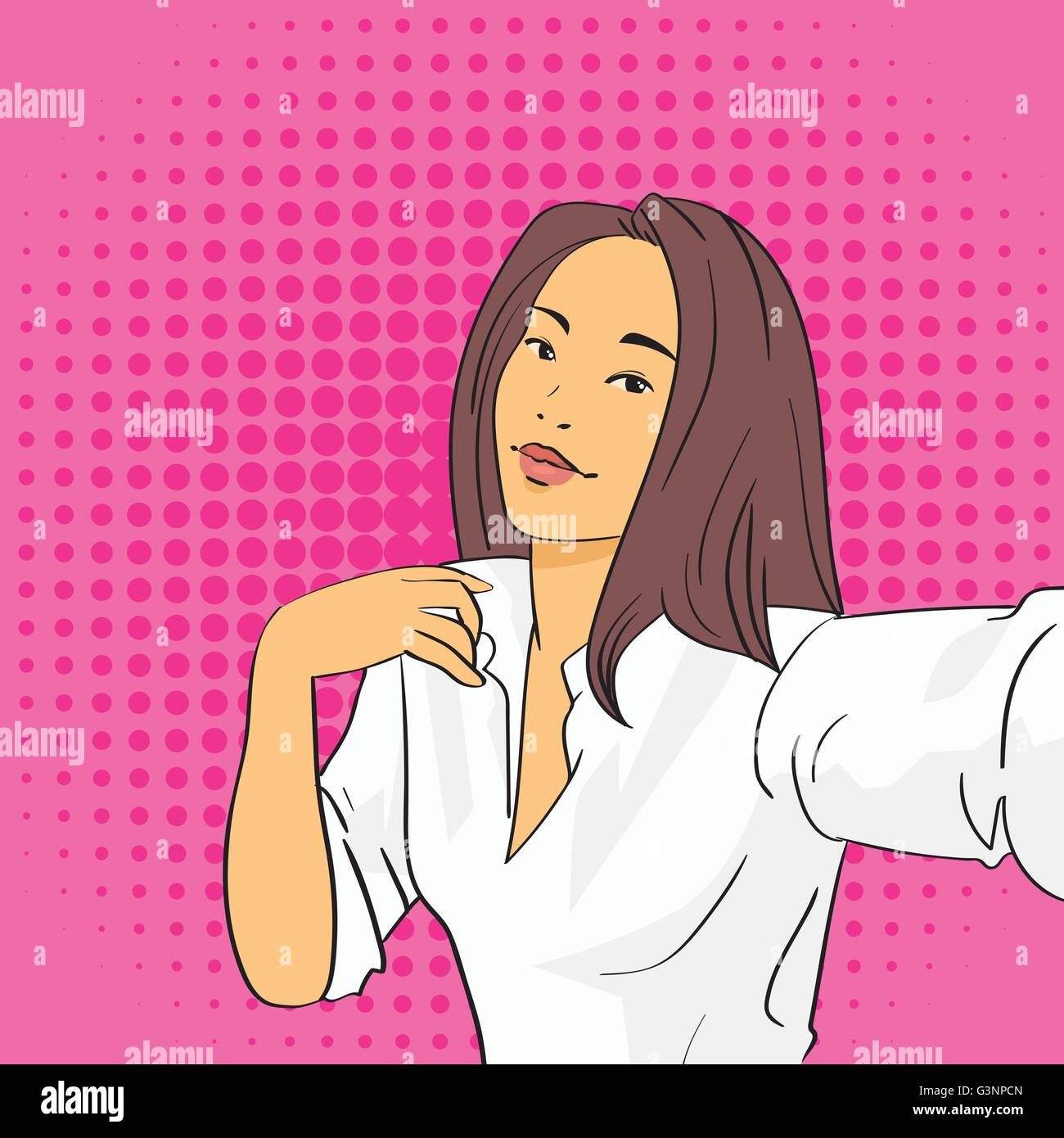 Donna asiatica tenendo Selfie foto su Smart Phone Pop Art in stile retrò Illustrazione Vettoriale