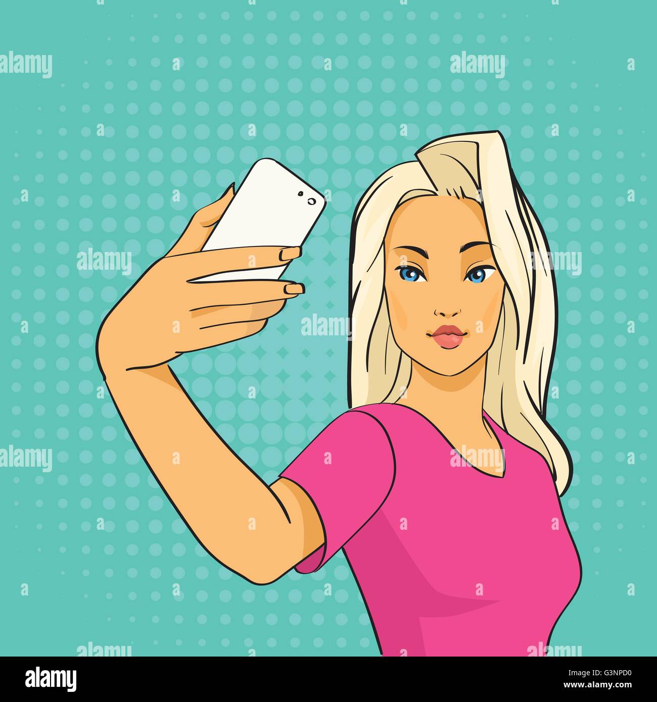 Pretty Girl Blogger tenendo Selfie foto su Smart Phone Pop Art in stile retrò Illustrazione Vettoriale