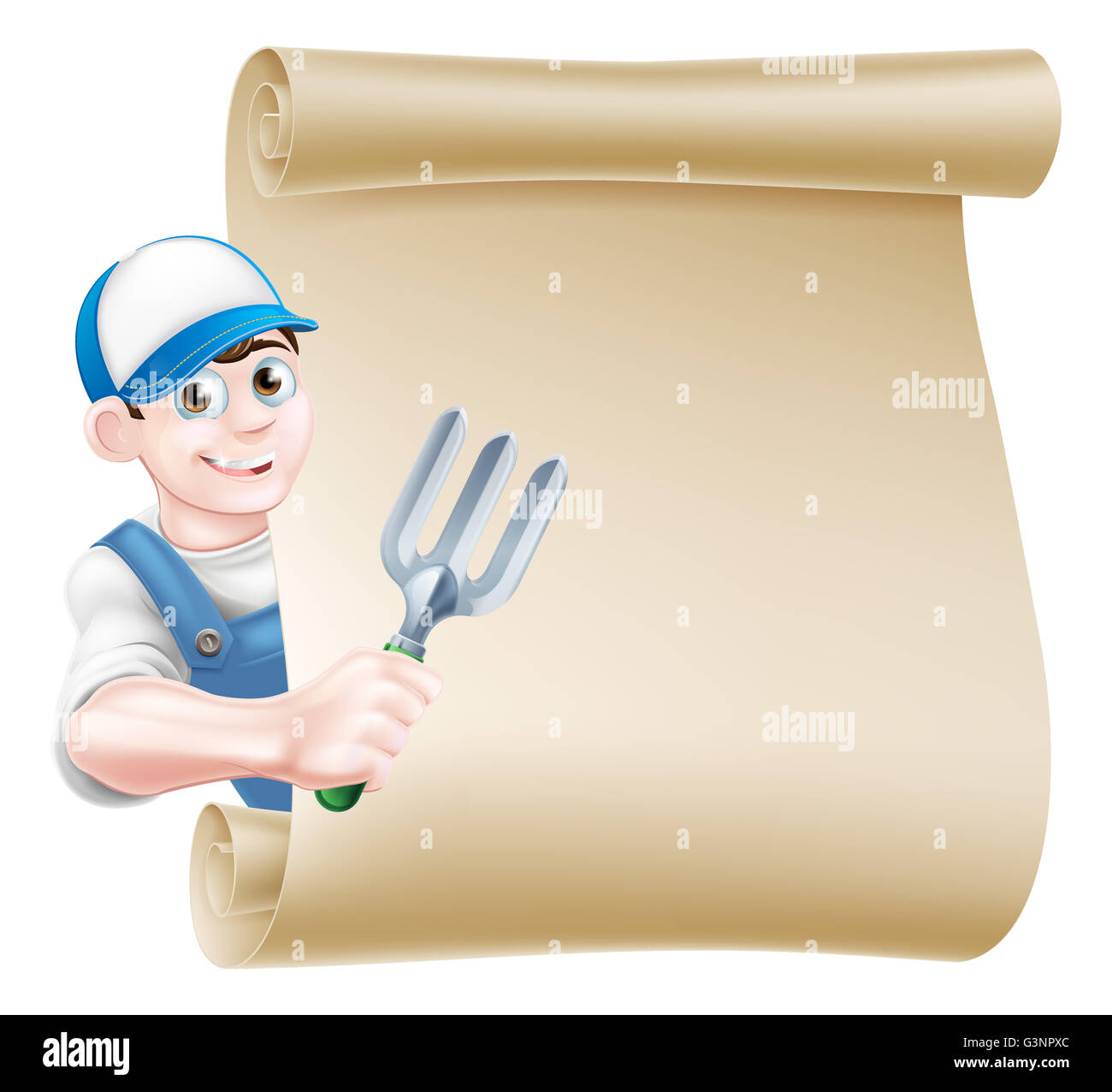 Un giardiniere del fumetto in una capsula e salopette da blu tenendo un giardino attrezzo forcella peeking intorno a una rotellina di scorrimento Foto Stock