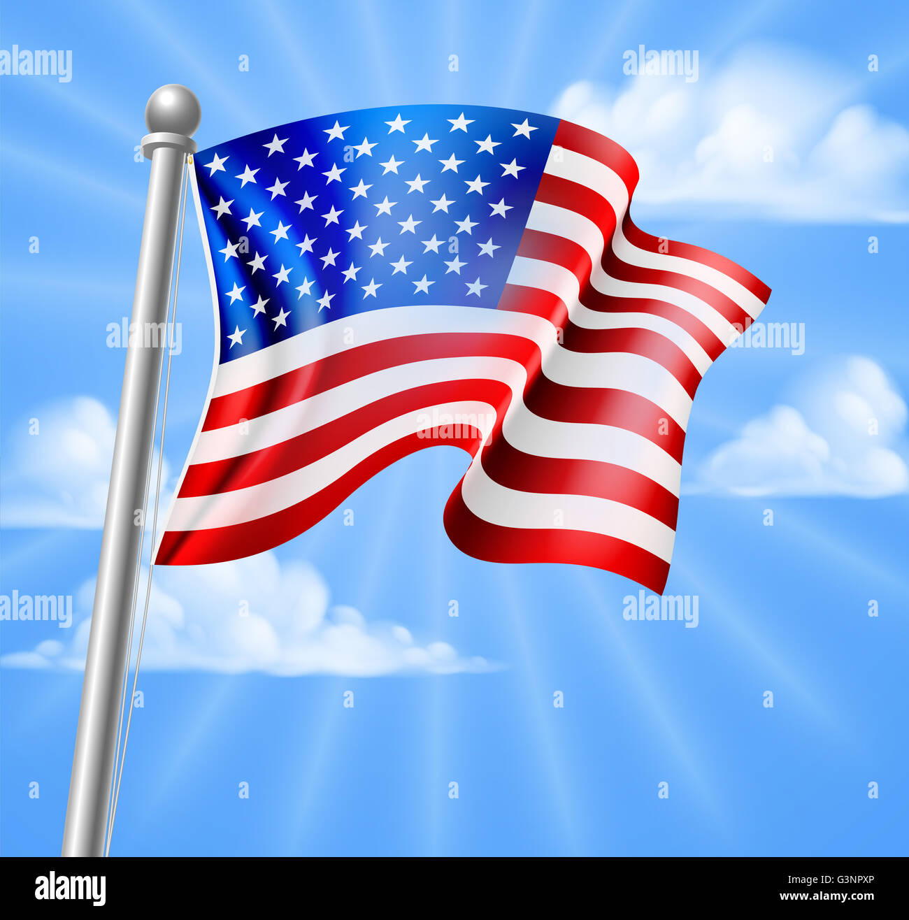 La bandiera americana su una bandiera pole battenti contro un cielo blu Foto Stock