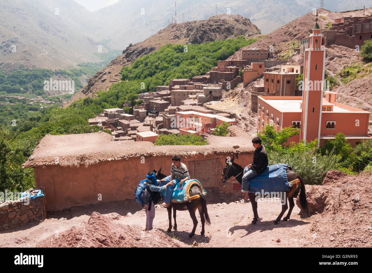 L'uomo le visite con due ragazzi sul dorso di muli su un polveroso sentiero che conduce verso il basso mountain passato un villaggio in Alto Atlante, Marocco, Af Foto Stock