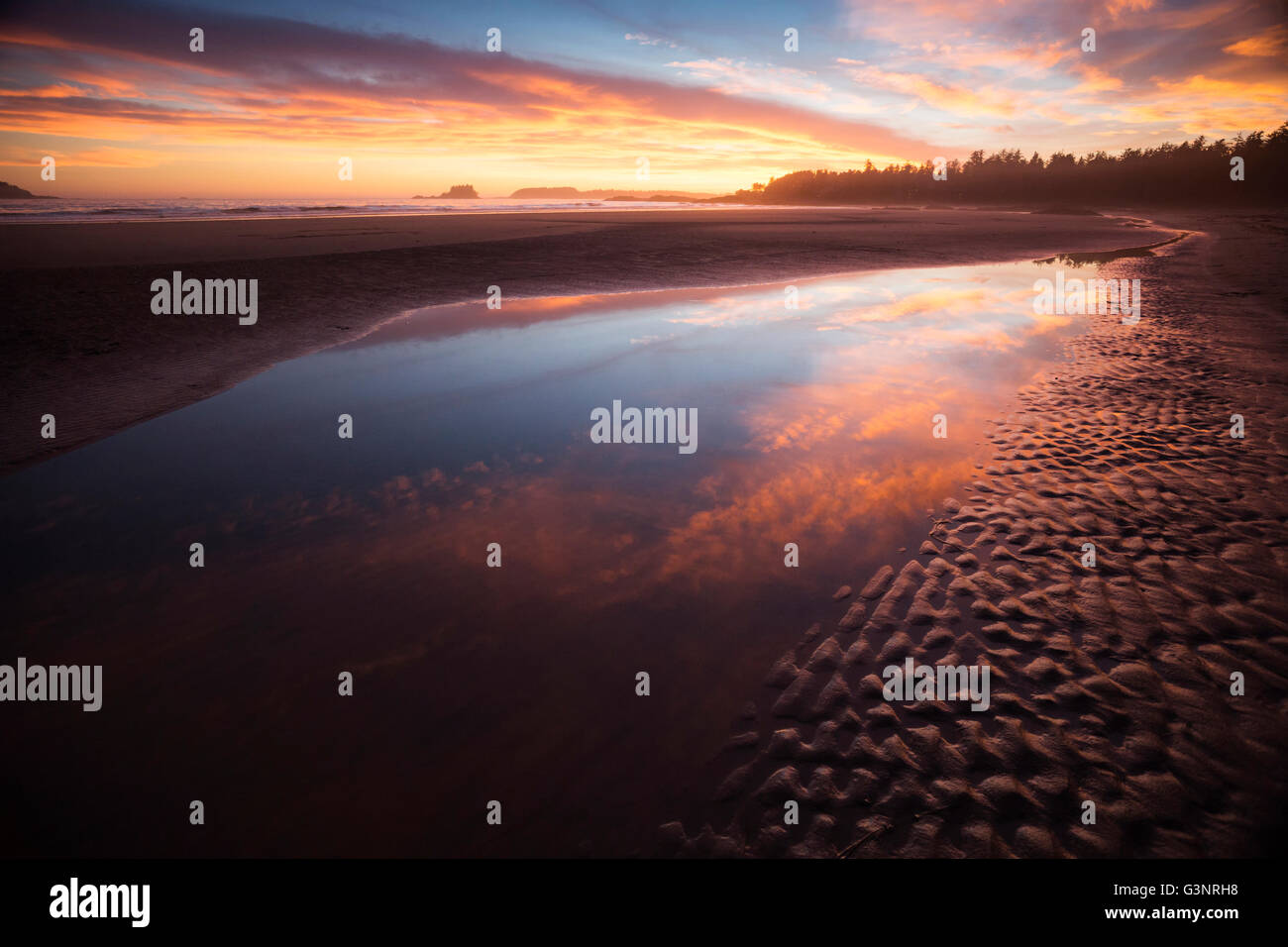 Tramonto spettacolare con rosa, arancione e blu sulla spiaggia di Chesterman, Tofino, Isola di Vancouver, Colombia britannica, Canada Foto Stock