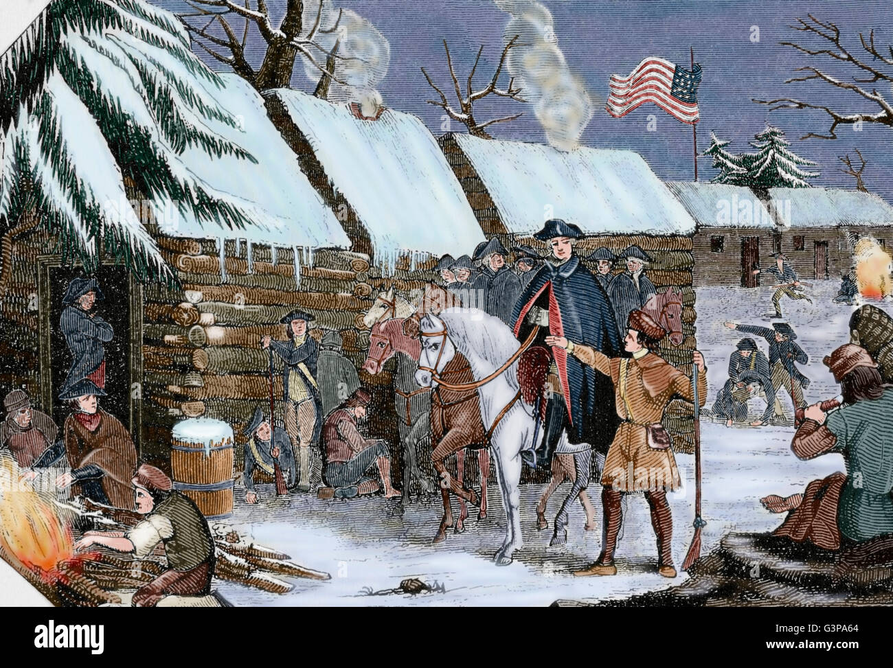 La guerra rivoluzionaria americana (1775-1783). George Washington (1732-1799) visite Valley Forge (Pennsylvania), l'esercito continentale's camp in inverno, 1777-1778. Incisione. Xix secolo. Colorati. Foto Stock