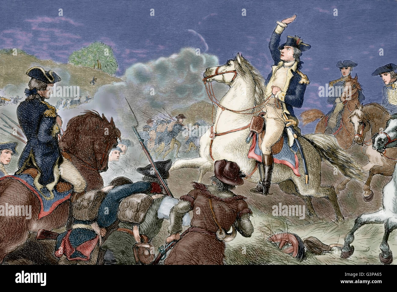 La guerra rivoluzionaria americana (1775-1783). George Washington (1732-1799), il comandante in capo dell'esercito continentale, comandare la truppa nella battaglia di Monmouth (1778). Incisione. Xix secolo. Colorati. Foto Stock