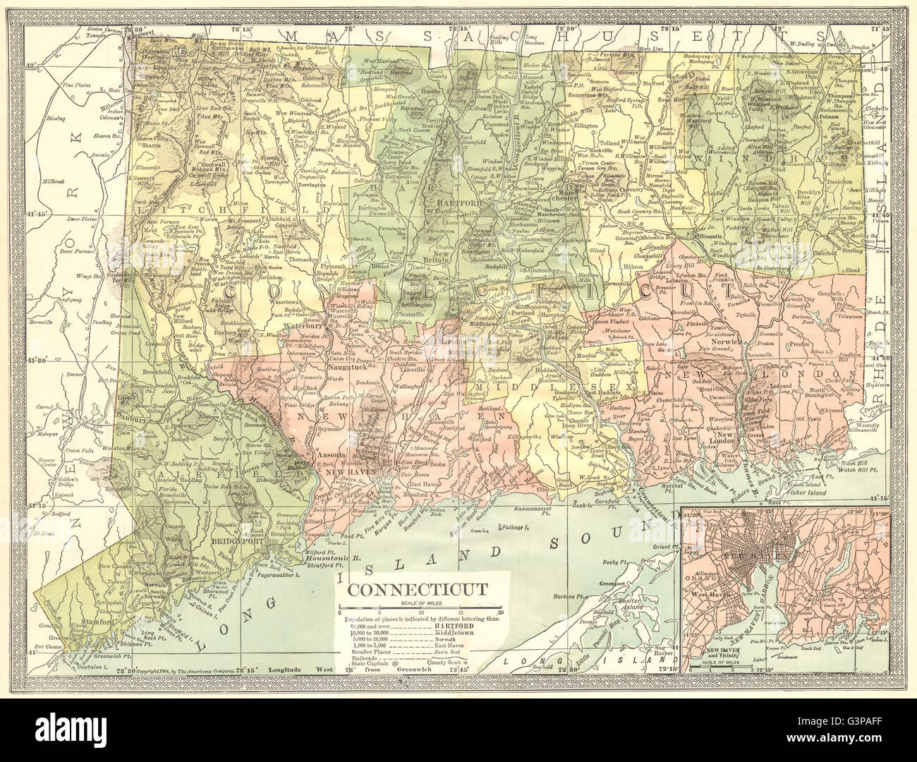 Stato del Connecticut mappa. New Haven City plan, 1907 Foto Stock