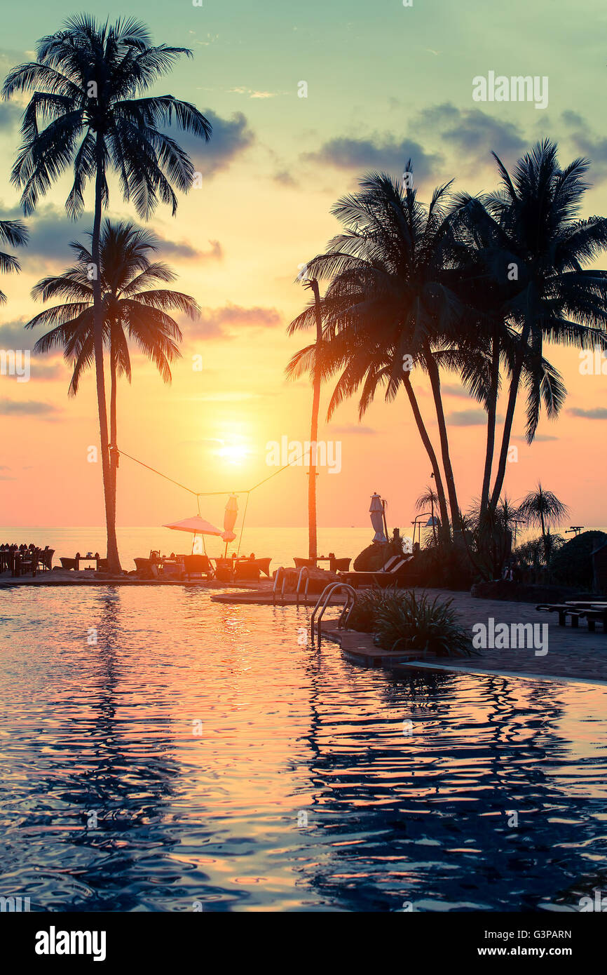 Bel tramonto con palme sagome su una spiaggia tropicale. Foto Stock