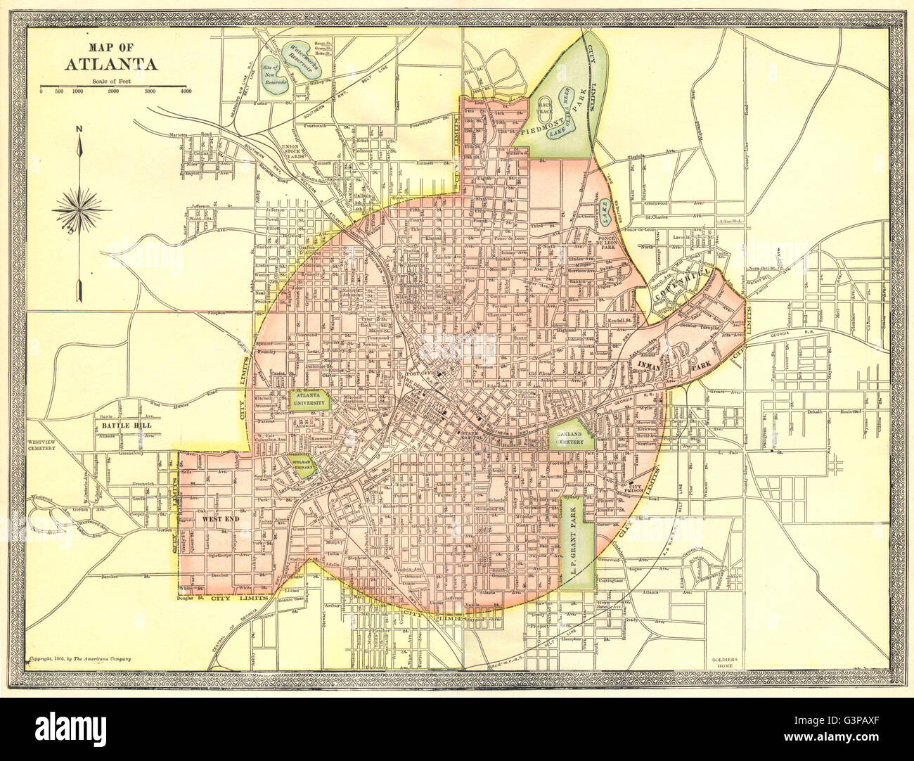 ATLANTA town/city plan. La Georgia, 1907 Mappa antichi Foto Stock