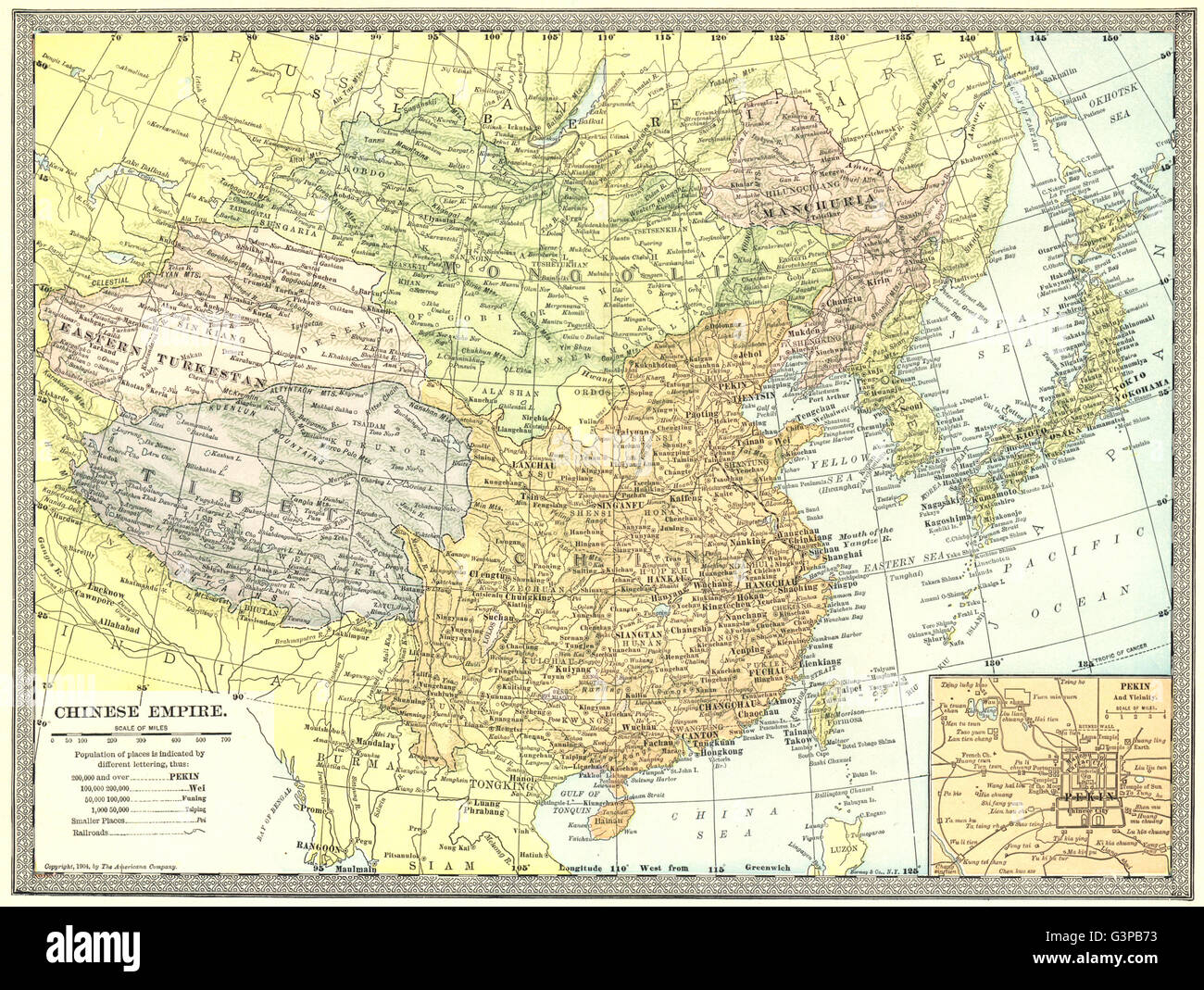 Impero cinese. La Manciuria nel Turkestan Orientale del Tibet. Pechino Pechino/inset 1907 mappa Foto Stock