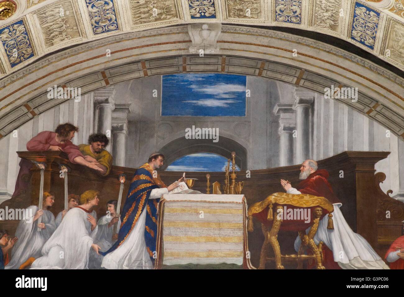 Messa di Bolsena, 1512-14, da Raffaello, sala di Heliodor, Stanze di Raffaello, Palazzo Apostolico Vaticano Musei, Roma, Italia Foto Stock