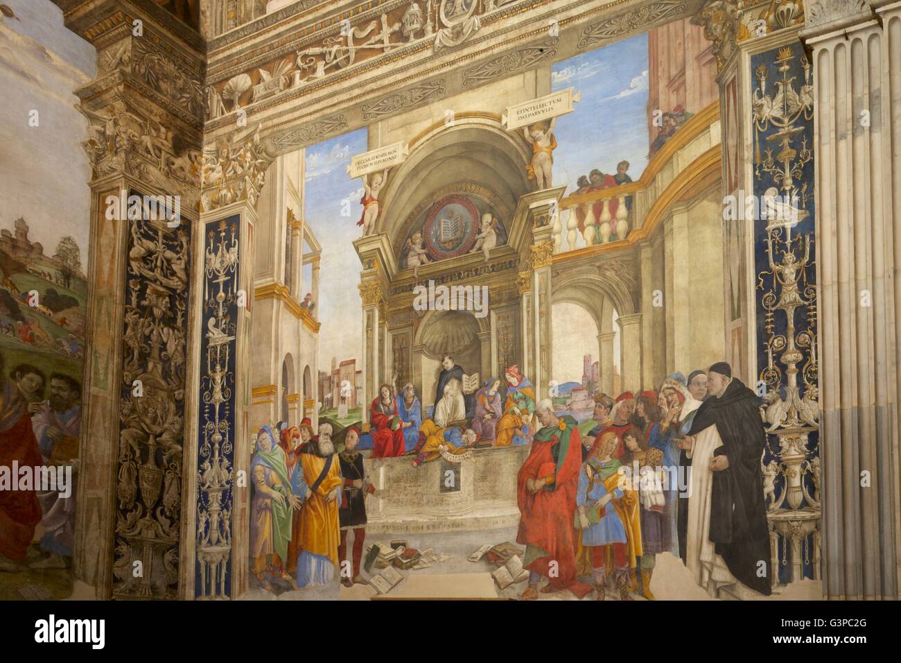 Controversia di san Tommaso, da Filippino Lippi, Capella Carafa, Chiesa di Santa Maria sopra Minerva, Roma, lazio, Italy Foto Stock