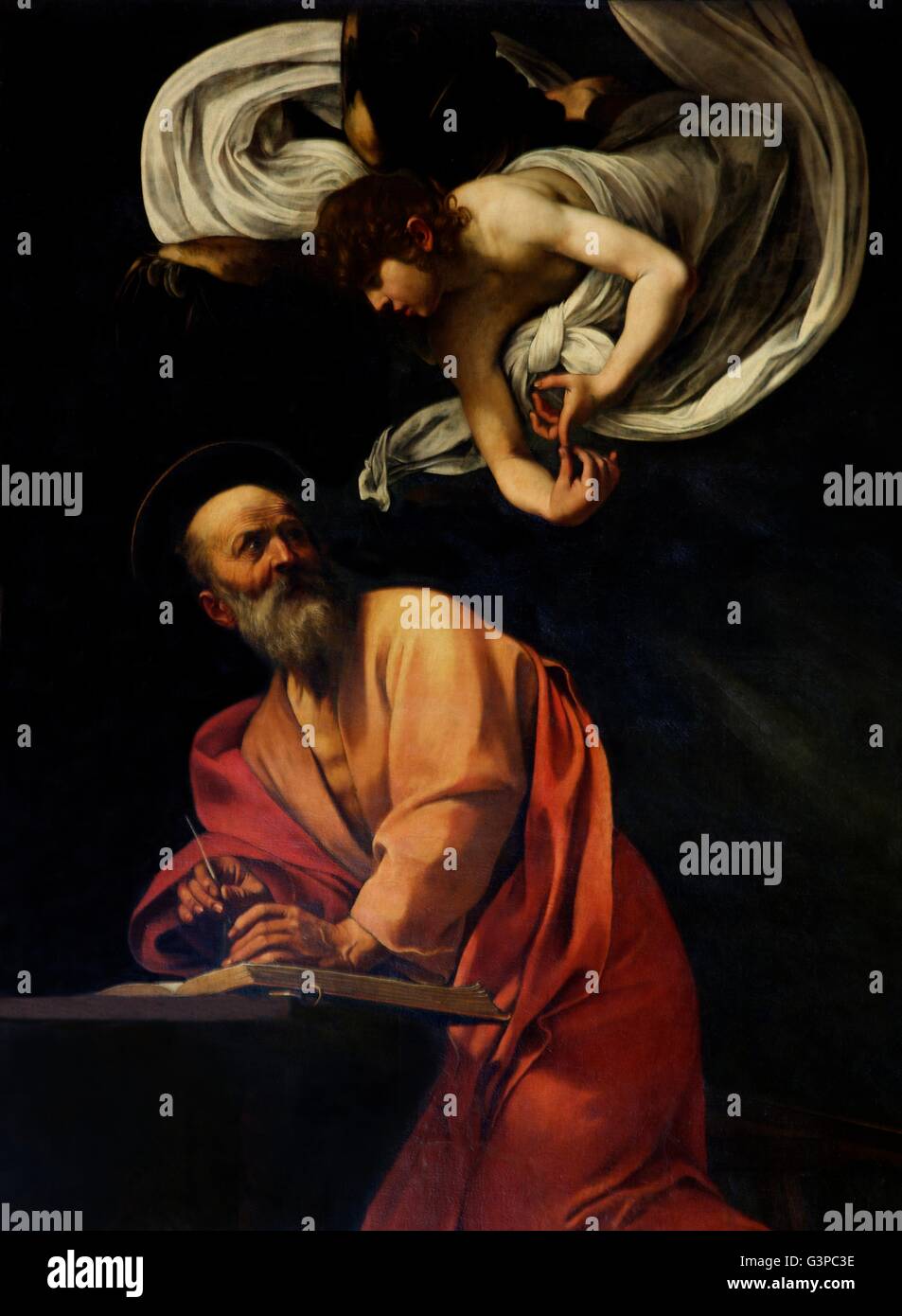Ispirazione di San Matteo e San Matteo e l'angelo, da Caravaggio, 1602, cappella Contarelli, San Luigi dei Francesco Chiesa, Roma Foto Stock