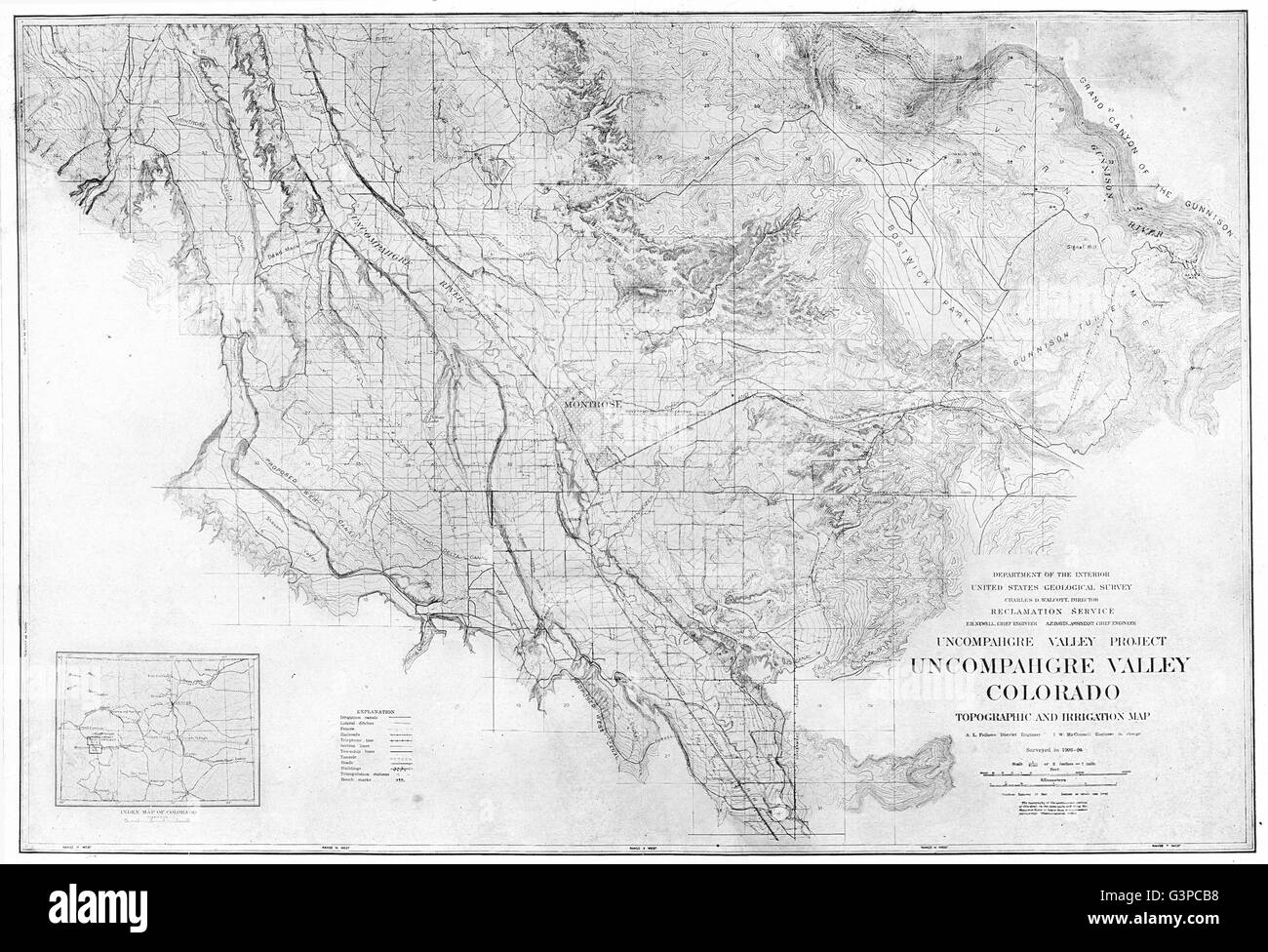 Uncompahgre Valley Colorado topografiche e mappa di irrigazione, 1907 Foto Stock