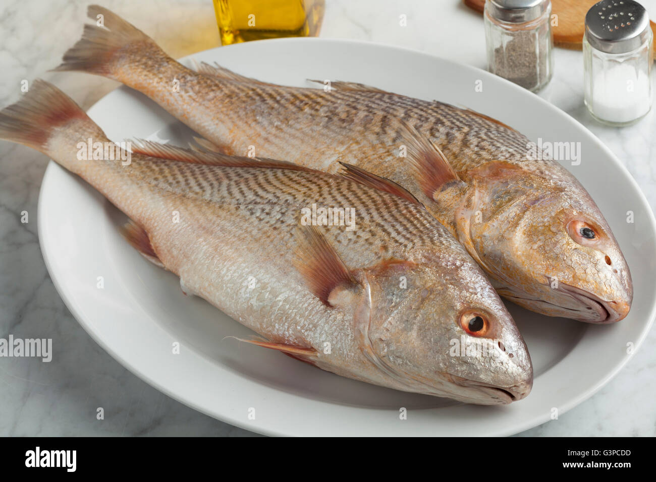 Coppia di crudo fresco pesce koebi su un piatto di portata Foto Stock