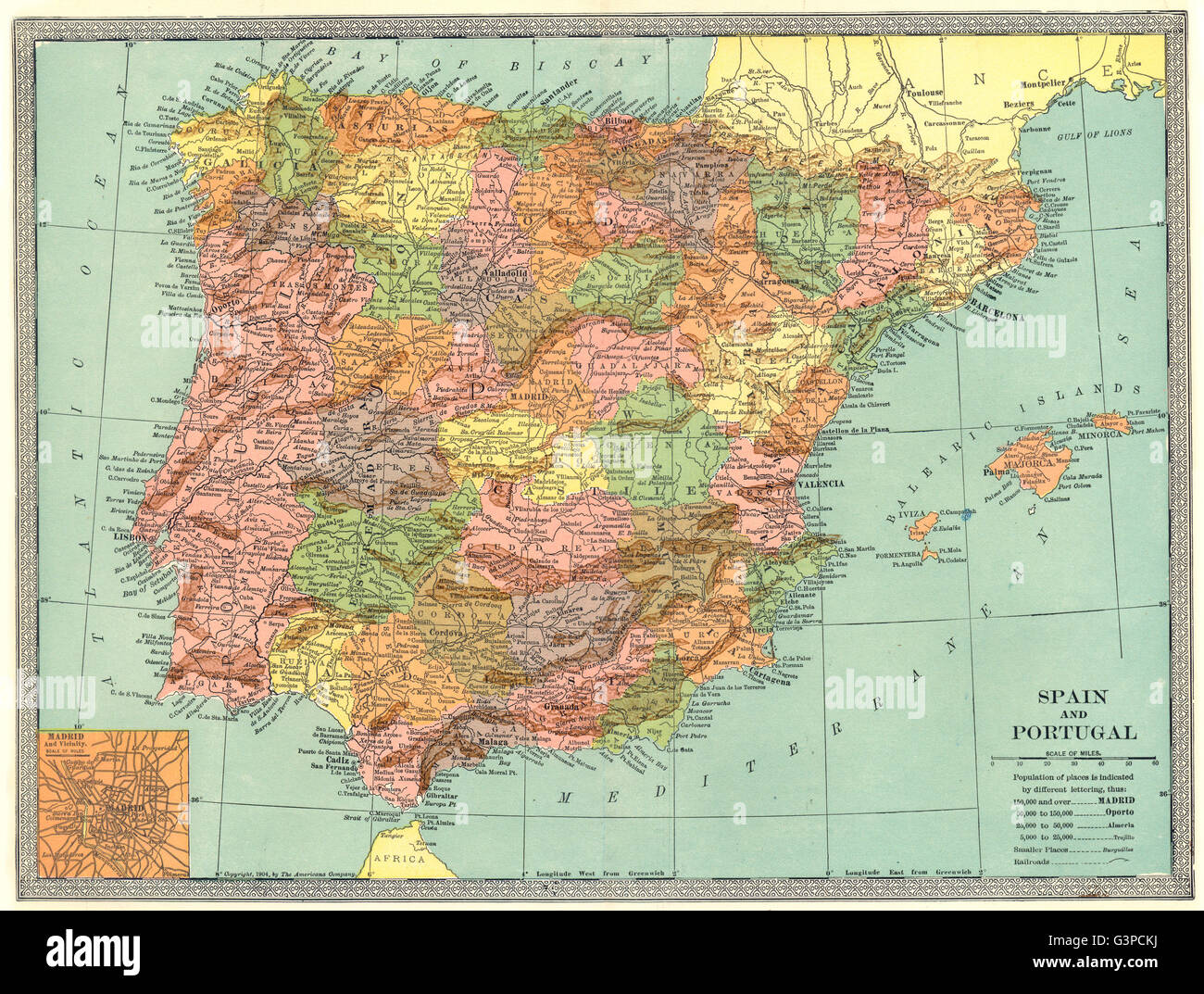 IBERIA. La Spagna e il Portogallo. Inset Madrid, 1907 Mappa antichi Foto Stock