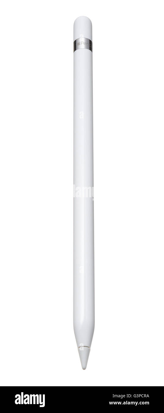 IPad Pro Stylus. Apple iPad pen o di un dispositivo di input. Matita bianca come stilo. Foto Stock