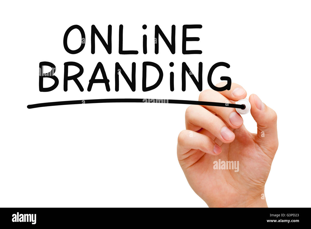 La scrittura a mano Online Branding con pennarello nero su trasparente scheda di pulizia. Foto Stock