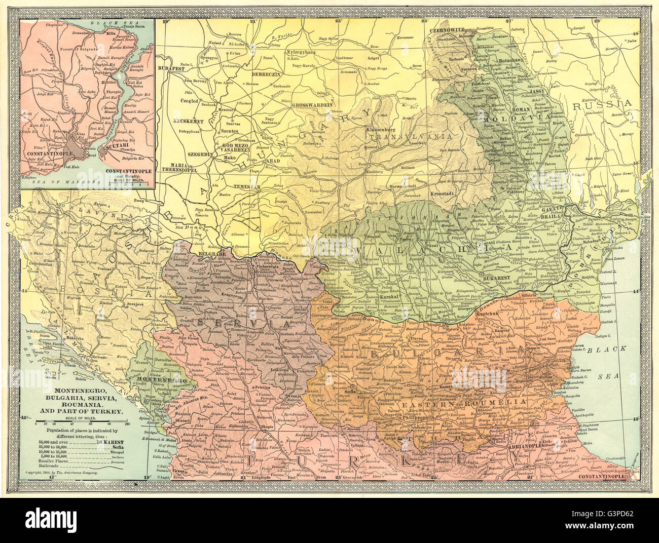 Balcani. Montenegro Bulgaria Servia Romania Valacchia Moldavia, 1907 mappa vecchia Foto Stock