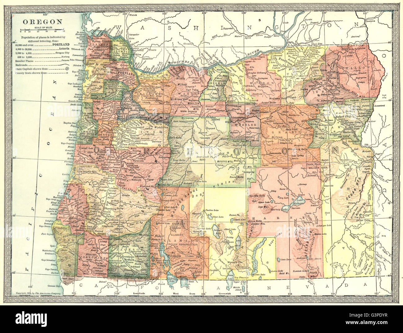 OREGON state map. Contee, 1907 Foto Stock