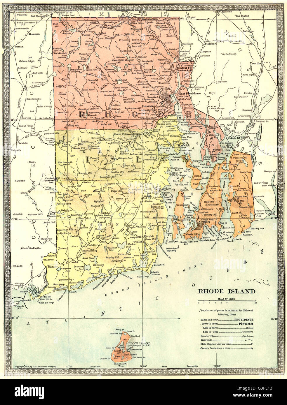 La Rhode Island mappa di stato. Contee. Block Island, 1907 Foto Stock