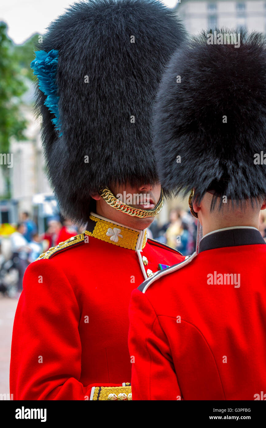 Un ufficiale della Guardia Irlandese che ispeziona un soldato alla Queens Birthday Parade conosciuto anche come il Trooping of the Color, The Mall , Londra Foto Stock
