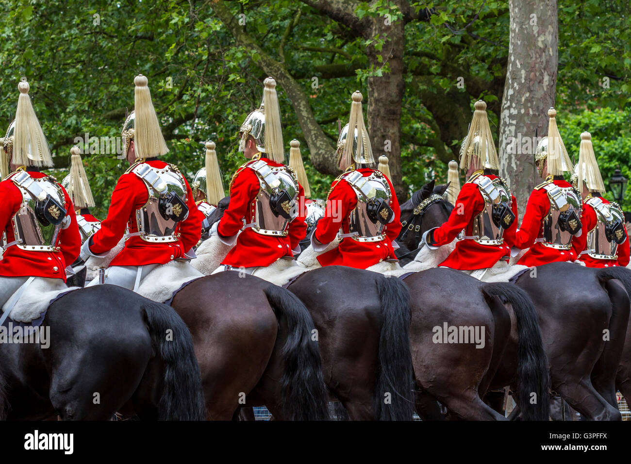Soldiers from the Life Guards a cavallo che si trovano lungo il Mall presso la Queens Birthday Parade, conosciuta anche come Trooping the Color, Londra, Regno Unito Foto Stock