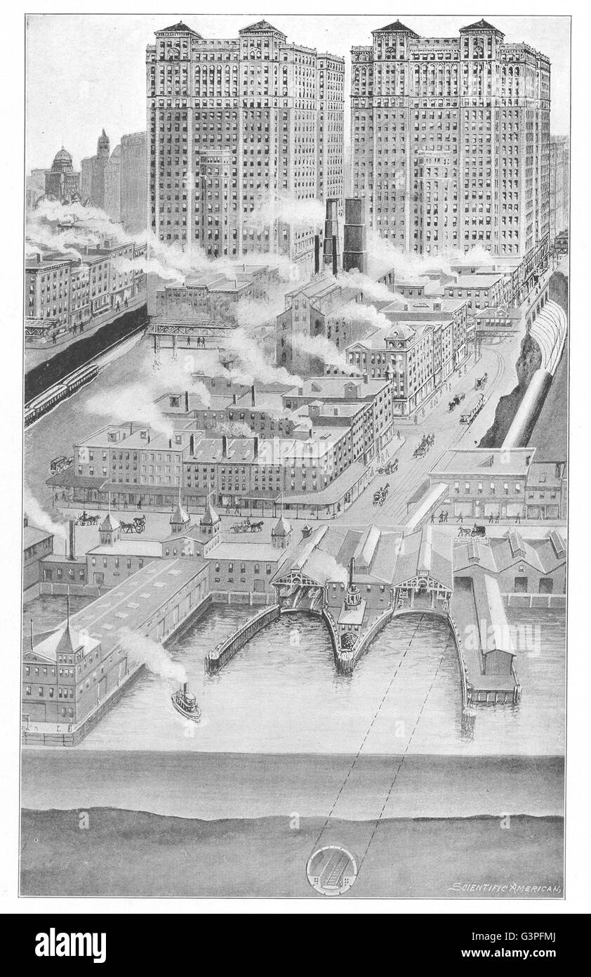 NEW YORK CITY; terminale enorme Stn Tunnel Hudson Cortlandt St, antica stampa 1907 Foto Stock