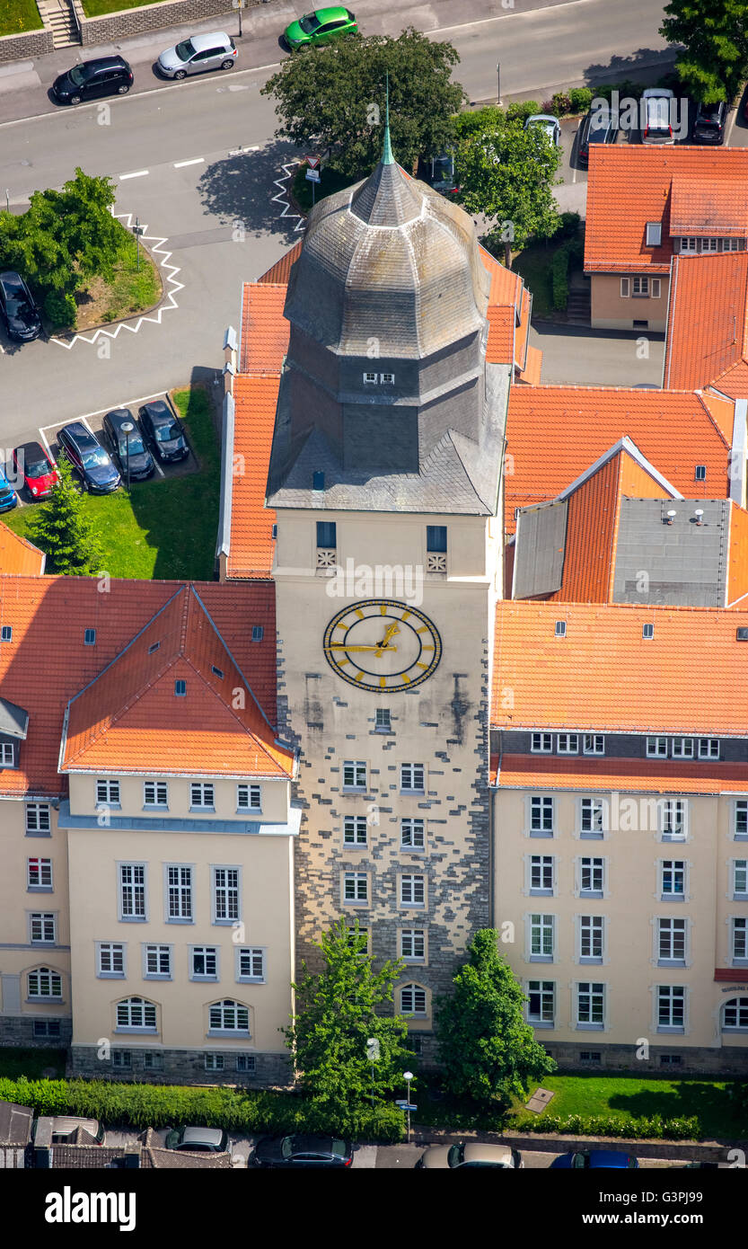 Vista aerea, la torre dell'orologio di Arnsberg distretto, cupola a cipolla, Arnsberg, Sauerland, Märkischer Kreis, Renania settentrionale-Vestfalia,Germania Foto Stock