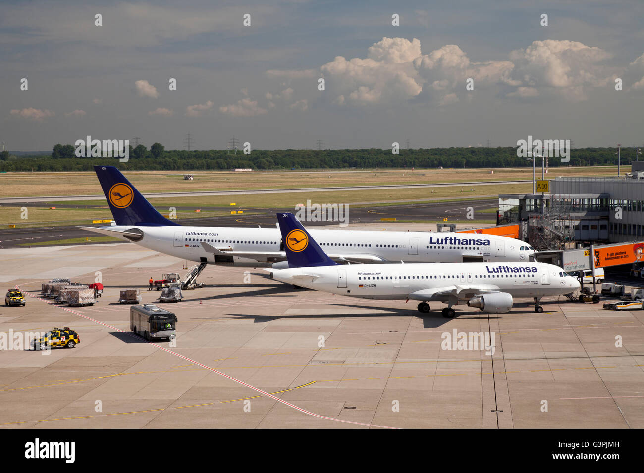 Lufthansa aereo al gate, Airbus A320-200 e Airbus A340-300, Duesseldorf Airport, regione renana Foto Stock