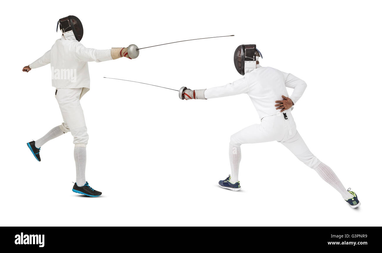 Immagine composita dell'uomo indossare tuta scherma la pratica con la spada Foto Stock