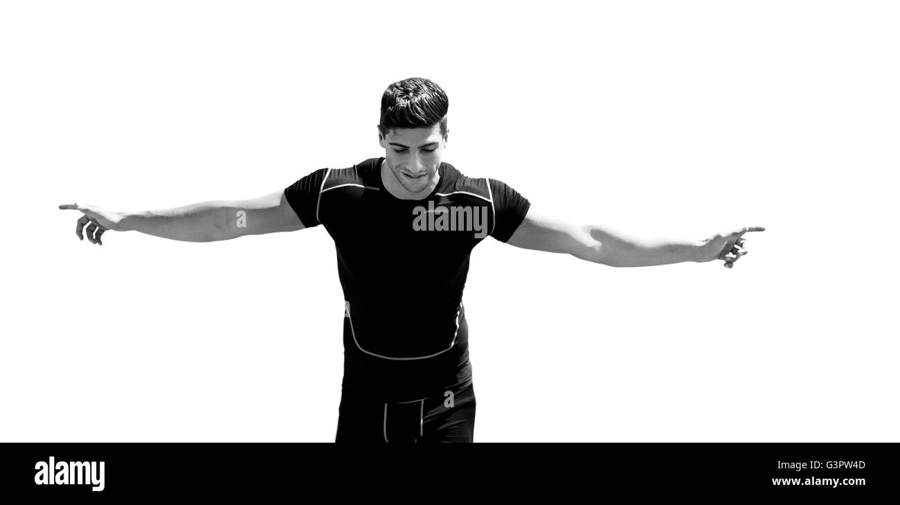 Vista frontale di felice sportivo è in corsa per la vittoria Foto Stock