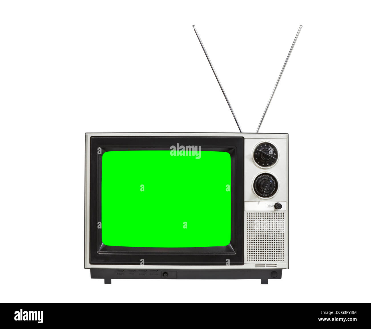 Verde Chroma schermo portatile televisione vintage con le antenne verso l'alto. Isolato su bianco. Foto Stock