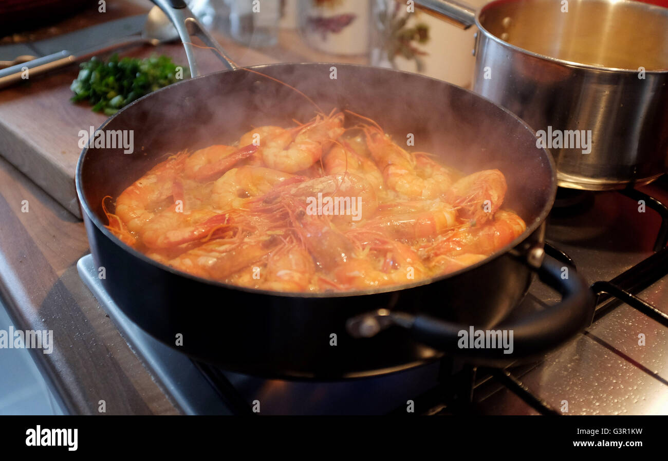 Cottura a vapore caldo gamberi cotti in una padella con aglio e peperoncino vino bianco Foto Stock