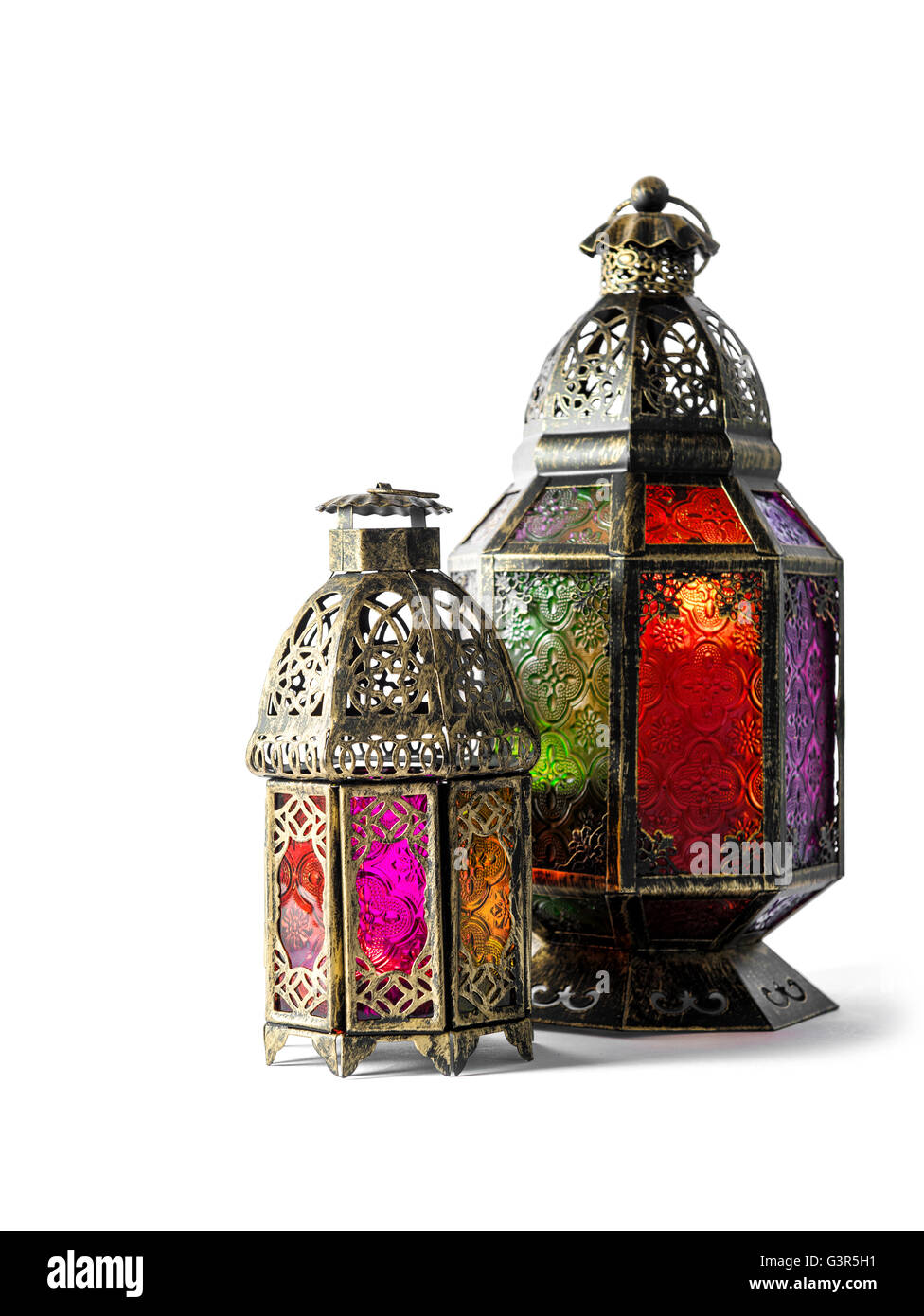 Oriental colorata lanterna di luce su uno sfondo bianco. Vacanze arabo decorazione Foto Stock