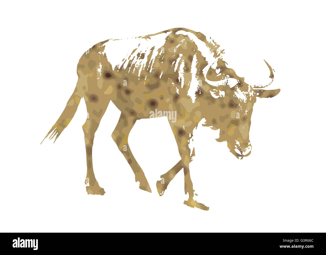 Silhouette di blu GNU - Connochaetes taurinus riempito di deserto schema colore di giallo. Vettore grafico. Il tema naturale. Illustrazione Vettoriale