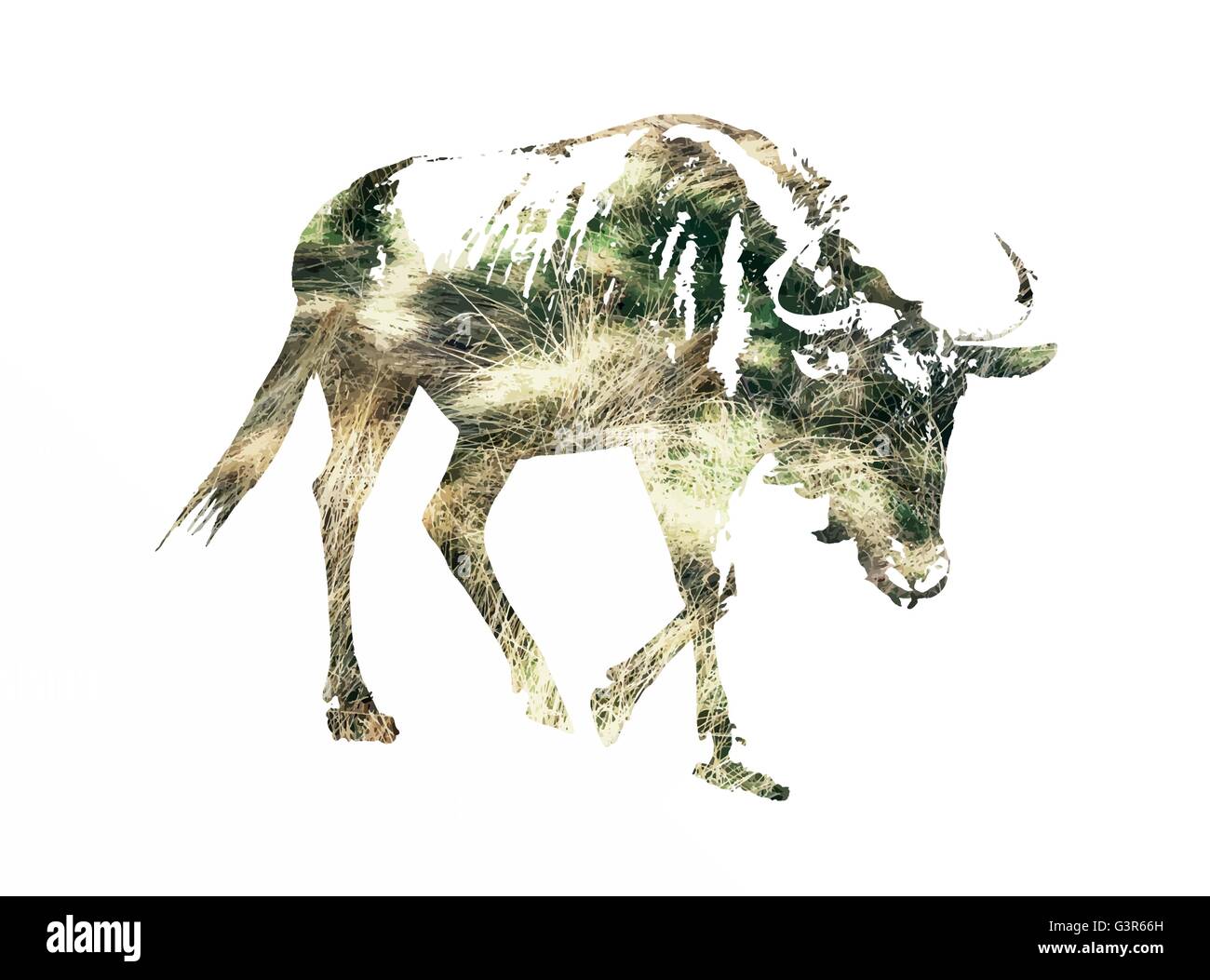 Silhouette di blu GNU - Connochaetes taurinus riempito con erba secca regime. Vettore grafico. Il tema naturale. Antelope st Illustrazione Vettoriale