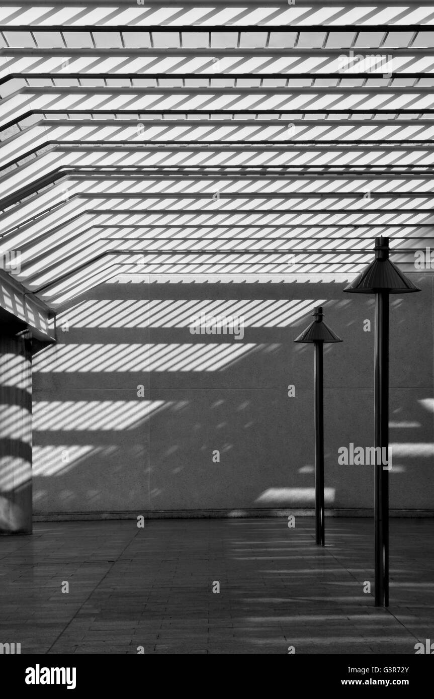 Cortile moderno in bianco e nero, forte contrasto tra ombra e luce solare Foto Stock