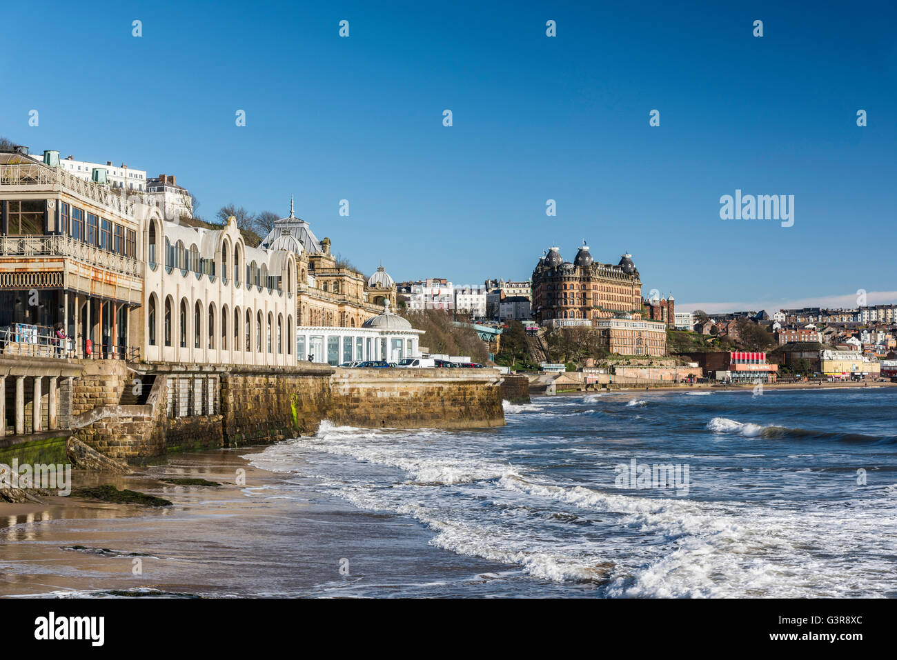 Scarborough Spa e il Grand Hotel dalla foreshore Foto Stock