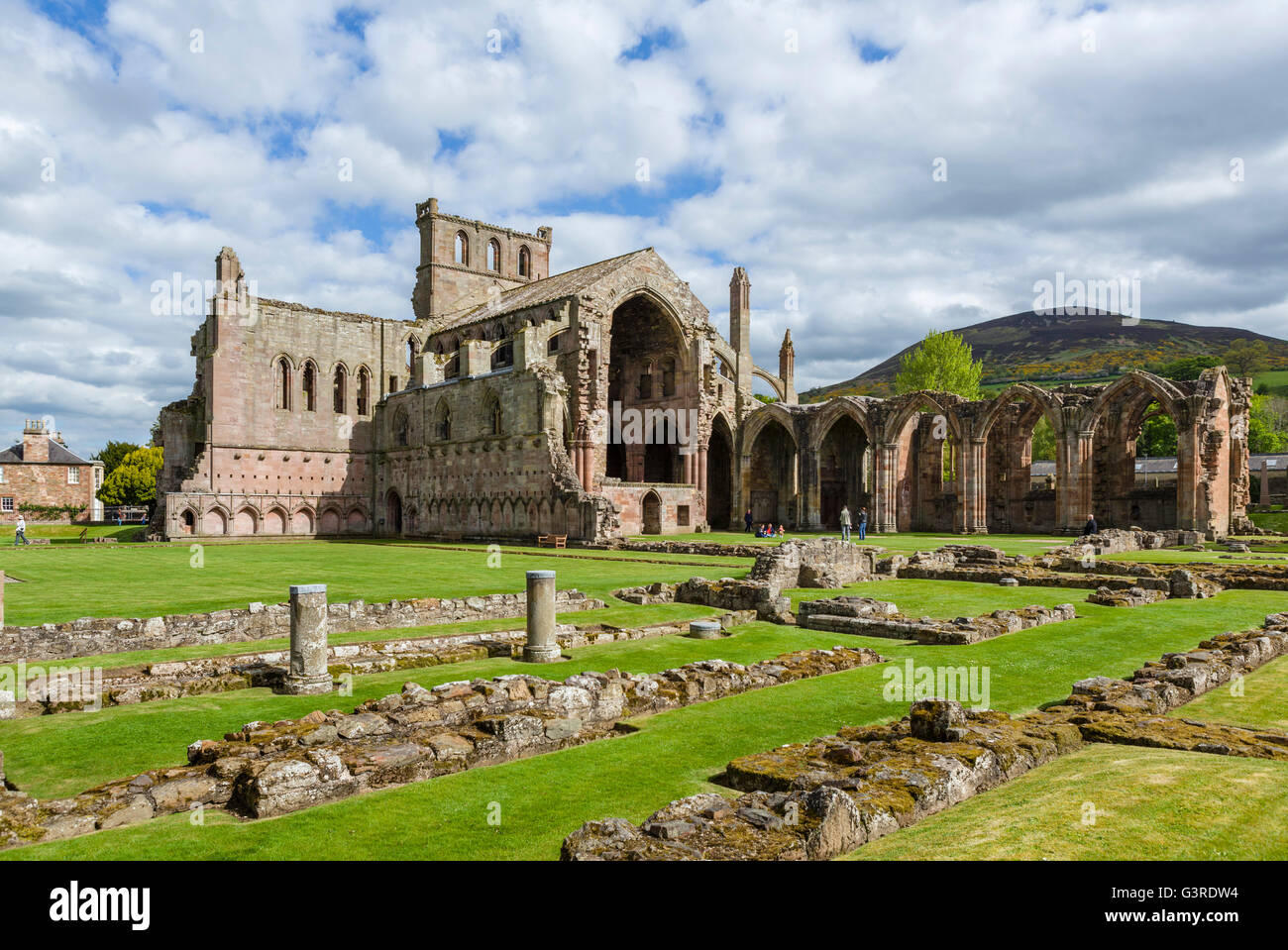 Rovine di Melrose Abbey (St Mary's Abbey), un monastero cistercense fondata nel 1136 in Melrose, Scottish Borders, Scotland, Regno Unito Foto Stock