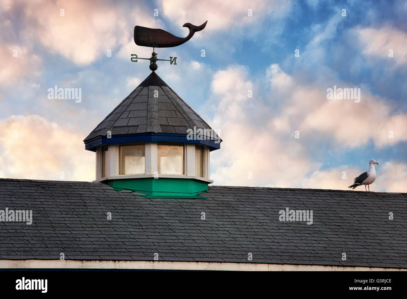 Una balena di un weathervane al Pontile del Pescatore nel porto di Monterey in California. Foto Stock