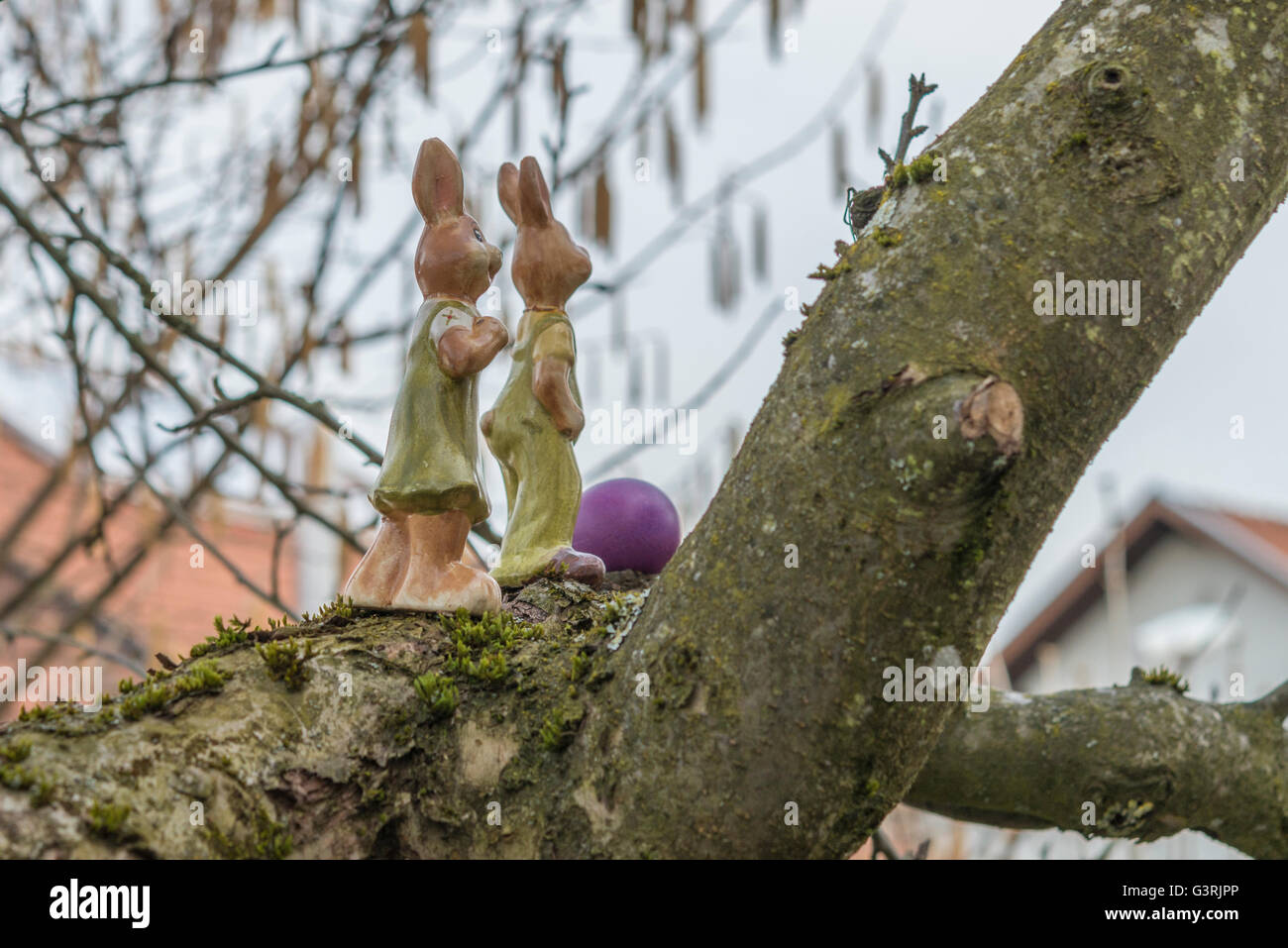 Colorate le uova di Pasqua e il coniglietto di pasqua su una struttura ad albero Foto Stock