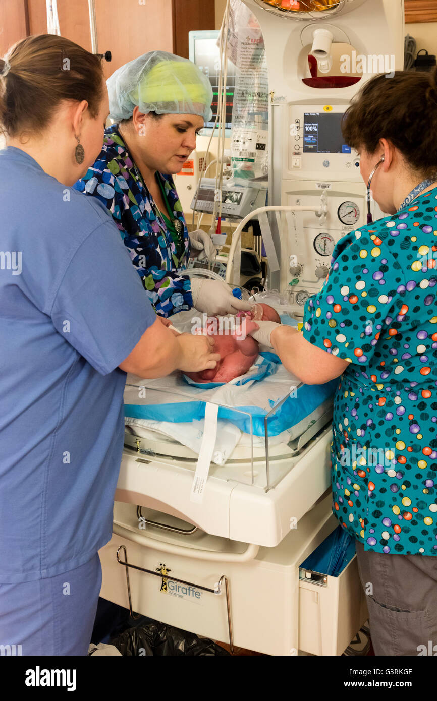 Gli infermieri in terapia intensiva neonatale cercando dopo new born baby, Trio Kennewick Ospedale Generale di Tri-Cities, Washington, Stati Uniti d'America Foto Stock